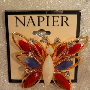Napier Gold Butterfly Brooch with Red, Blue, and White Gems